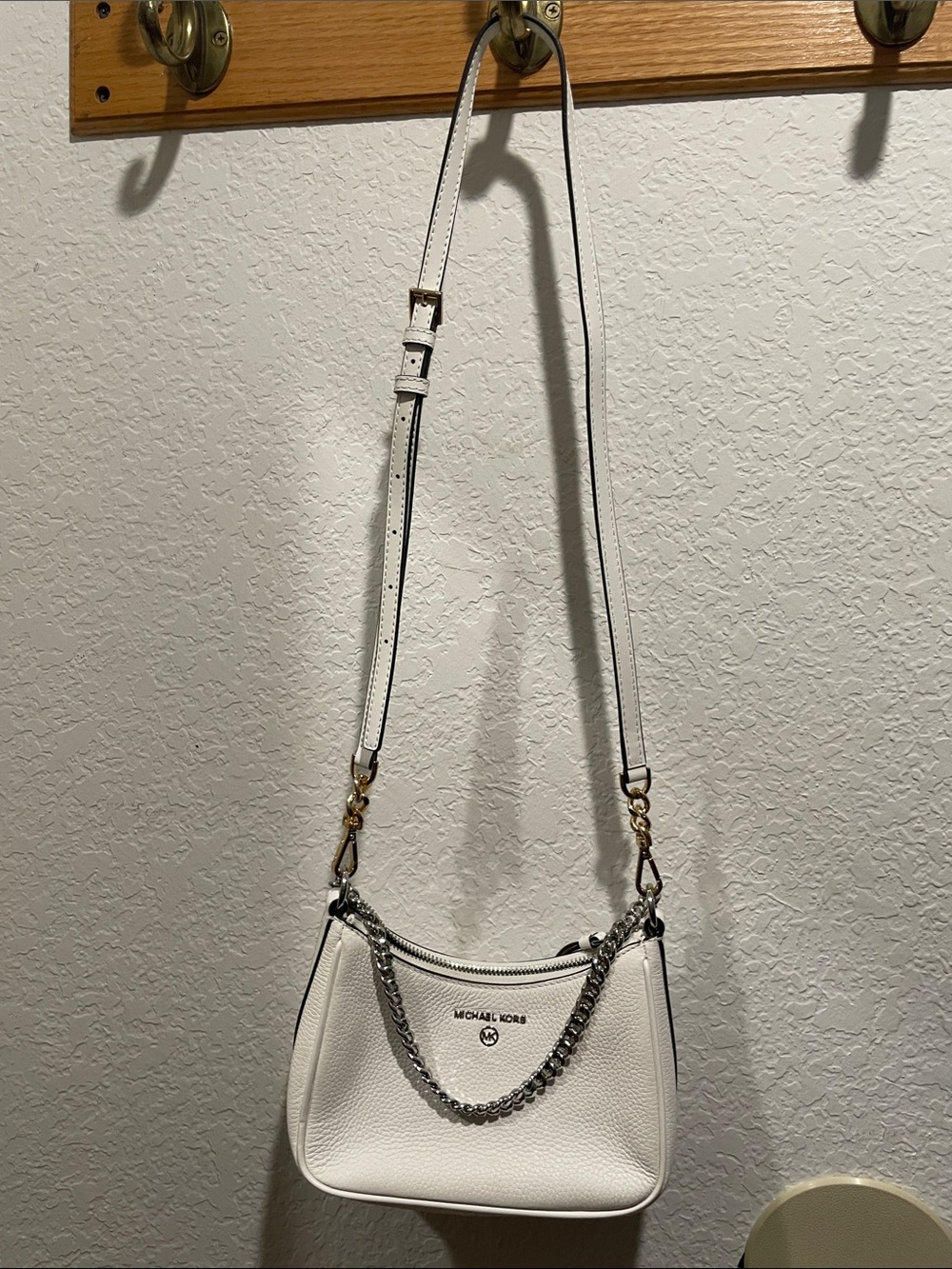 Michael Kors White Pebbled Leather Chain-Trim Crossbody Bag